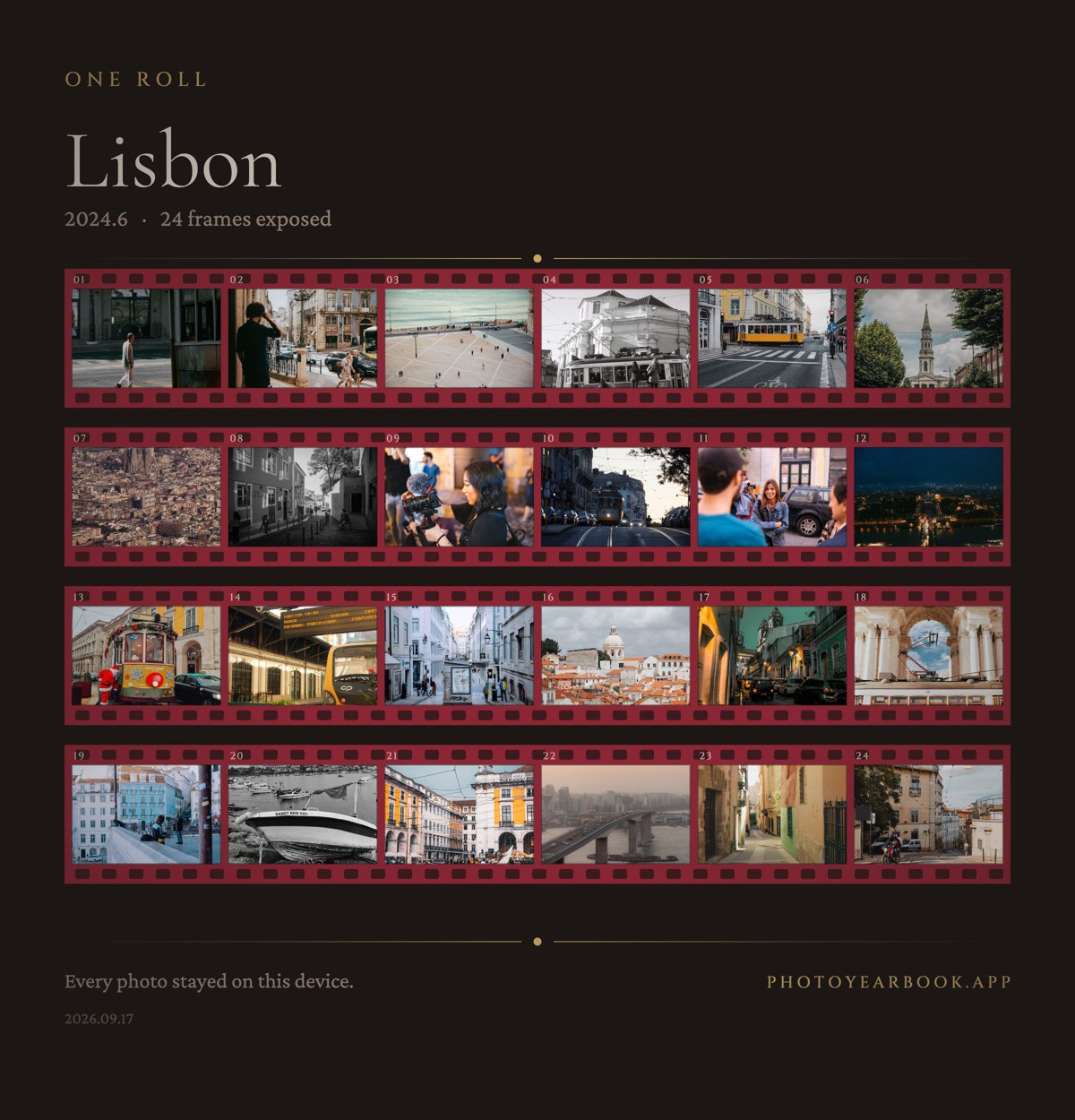 A finished sheet: twenty-four frames from a week in Lisbon, laid out as four strips of developed film
